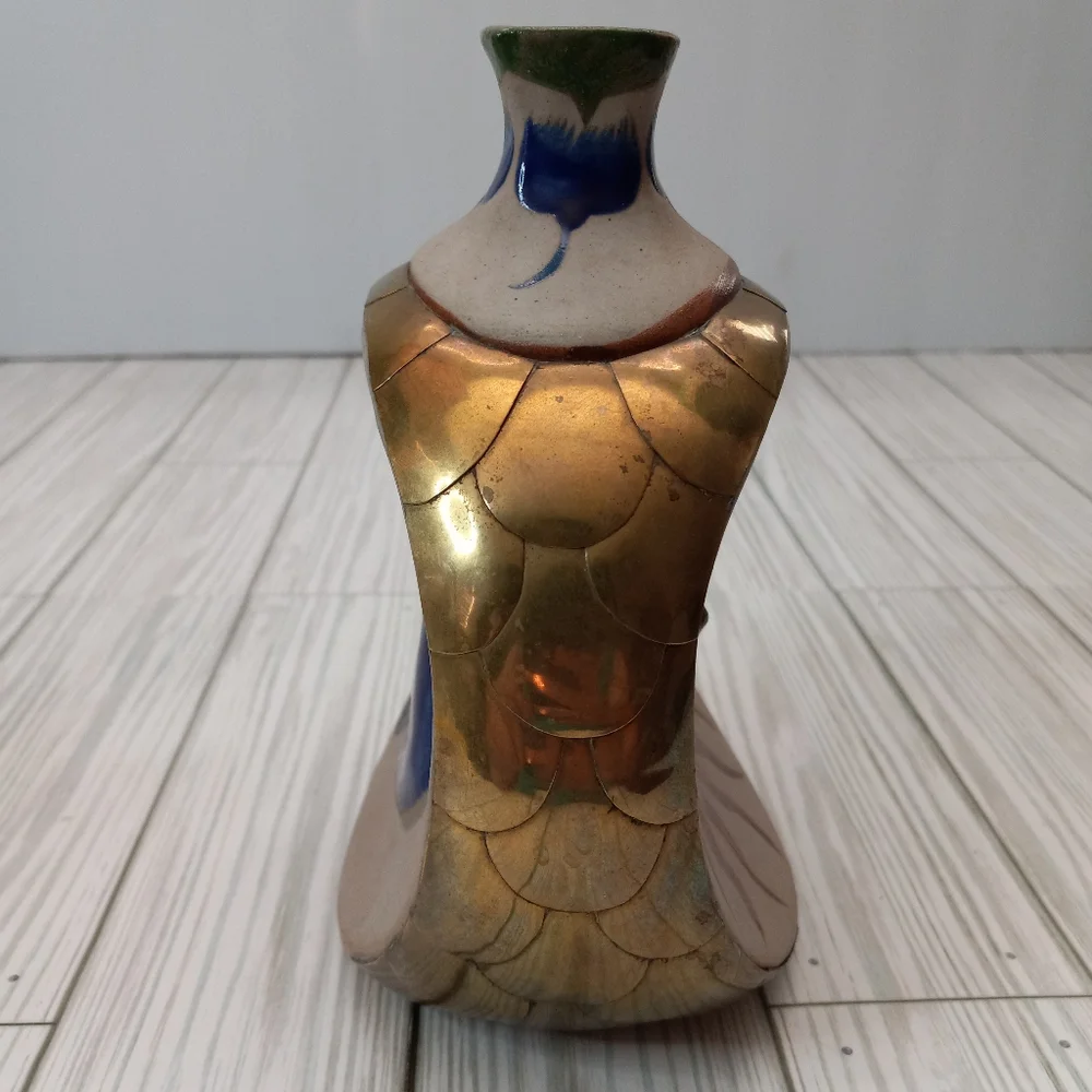 Vintage Mexican Tonala Hand Painted Pottery Sun & Moon Folk Art Brass Vase